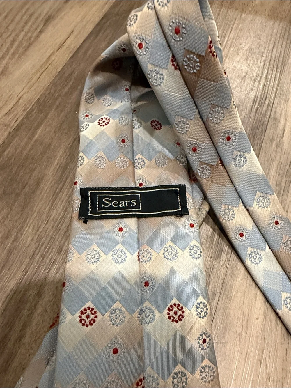👔 Vintage Sears Necktie Blue Tan Red Geometric Diamond Retro Wide Tie